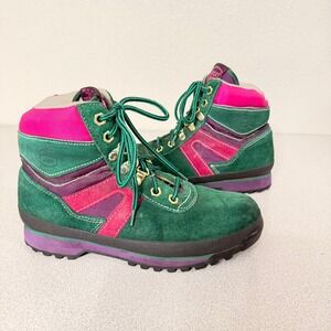 Iron Age Hiking Boots Women's US 7.5 M Green Pink Purple Suede Lace-Up Vtg